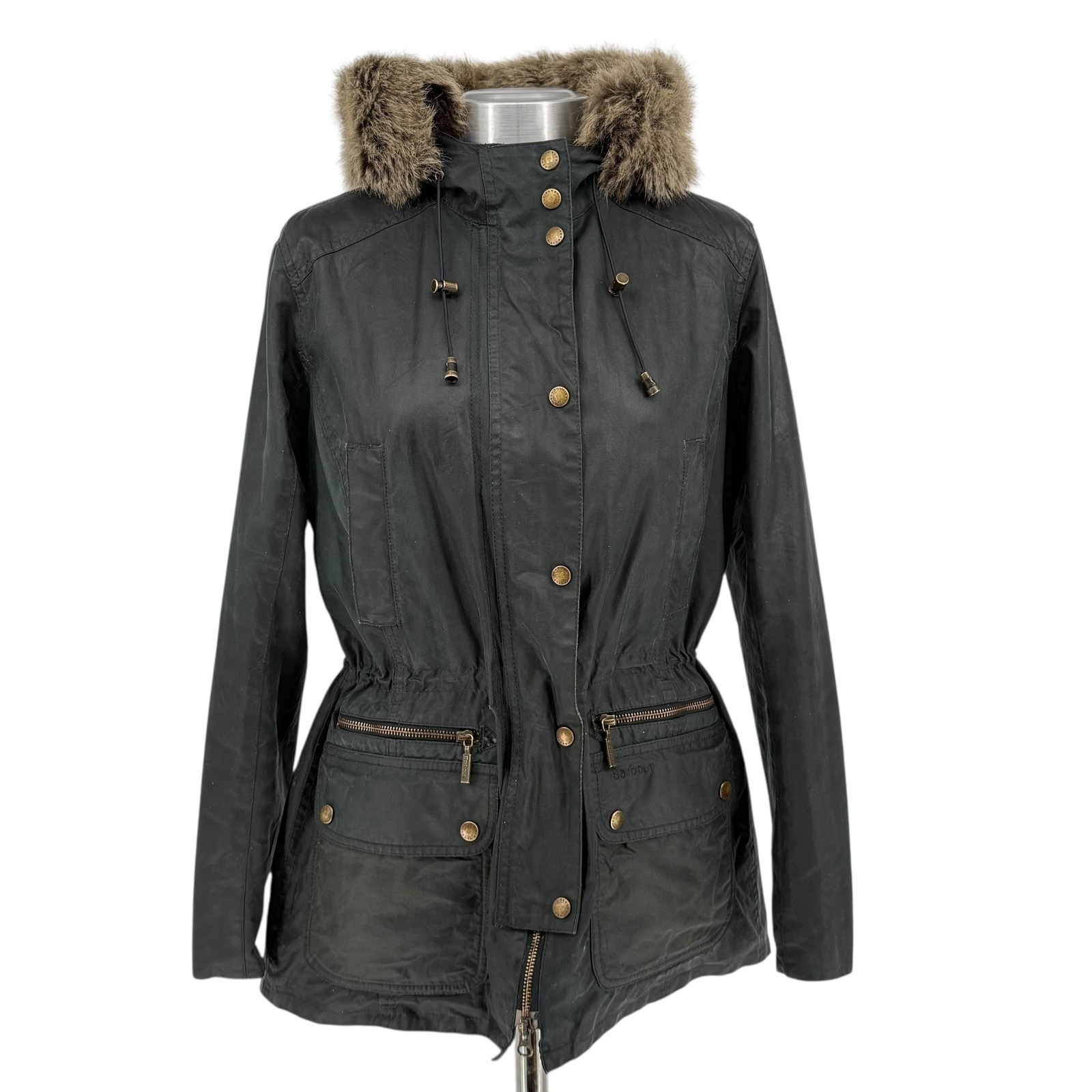 Barbour Womens Kelsall Faux Fur & Faux Shearling Trim Waxed Cotton Parka Size 8